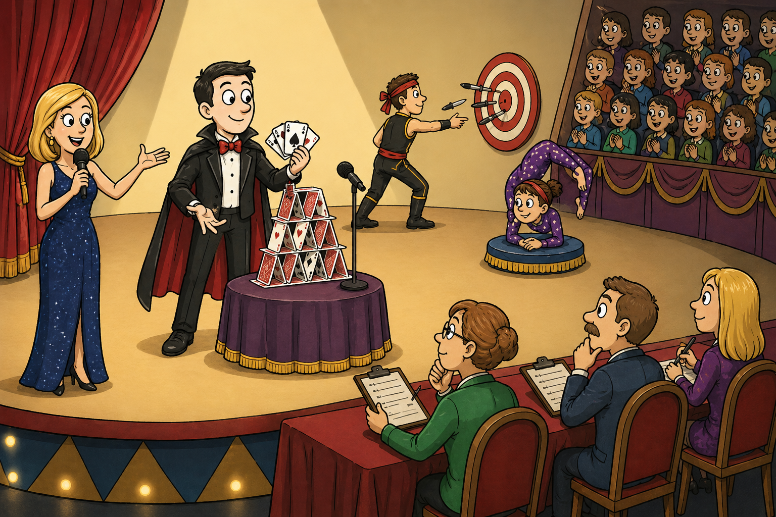 Talent show scene with a magician on stage, judges, audience and presenter