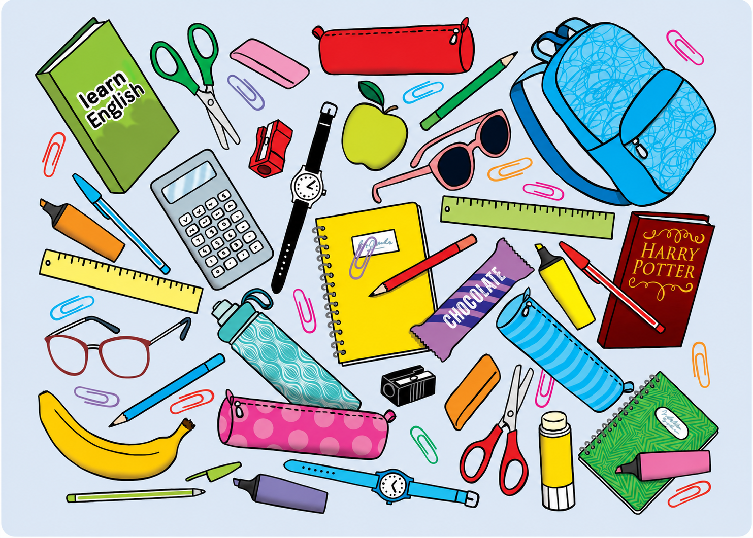 Look at the school things and play I spy.