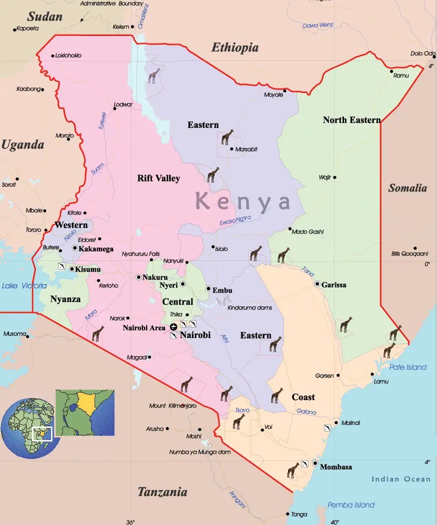 Map of Kenya showing its neighbouring countries, its cities and its capital Nairobi