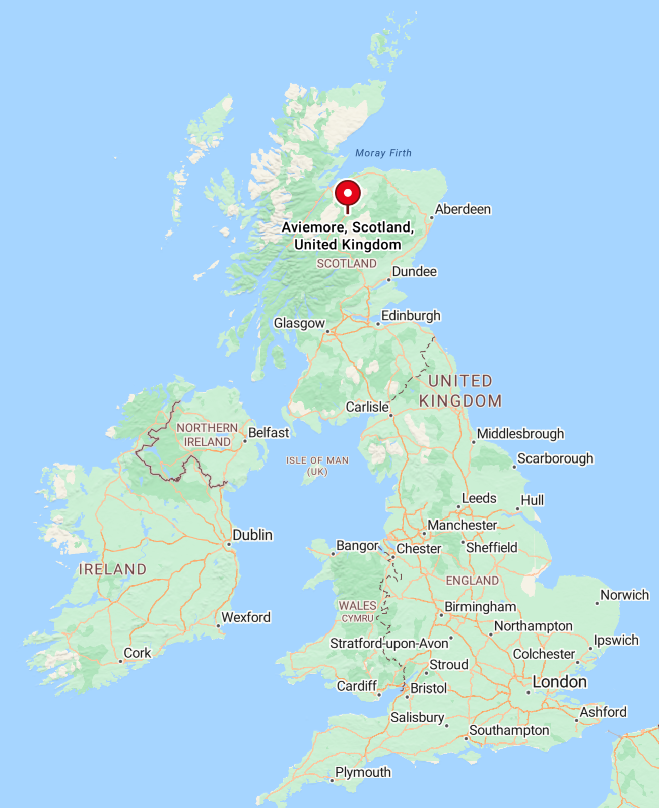 A map of the Highlands around Aviemore and the Cairngorms.