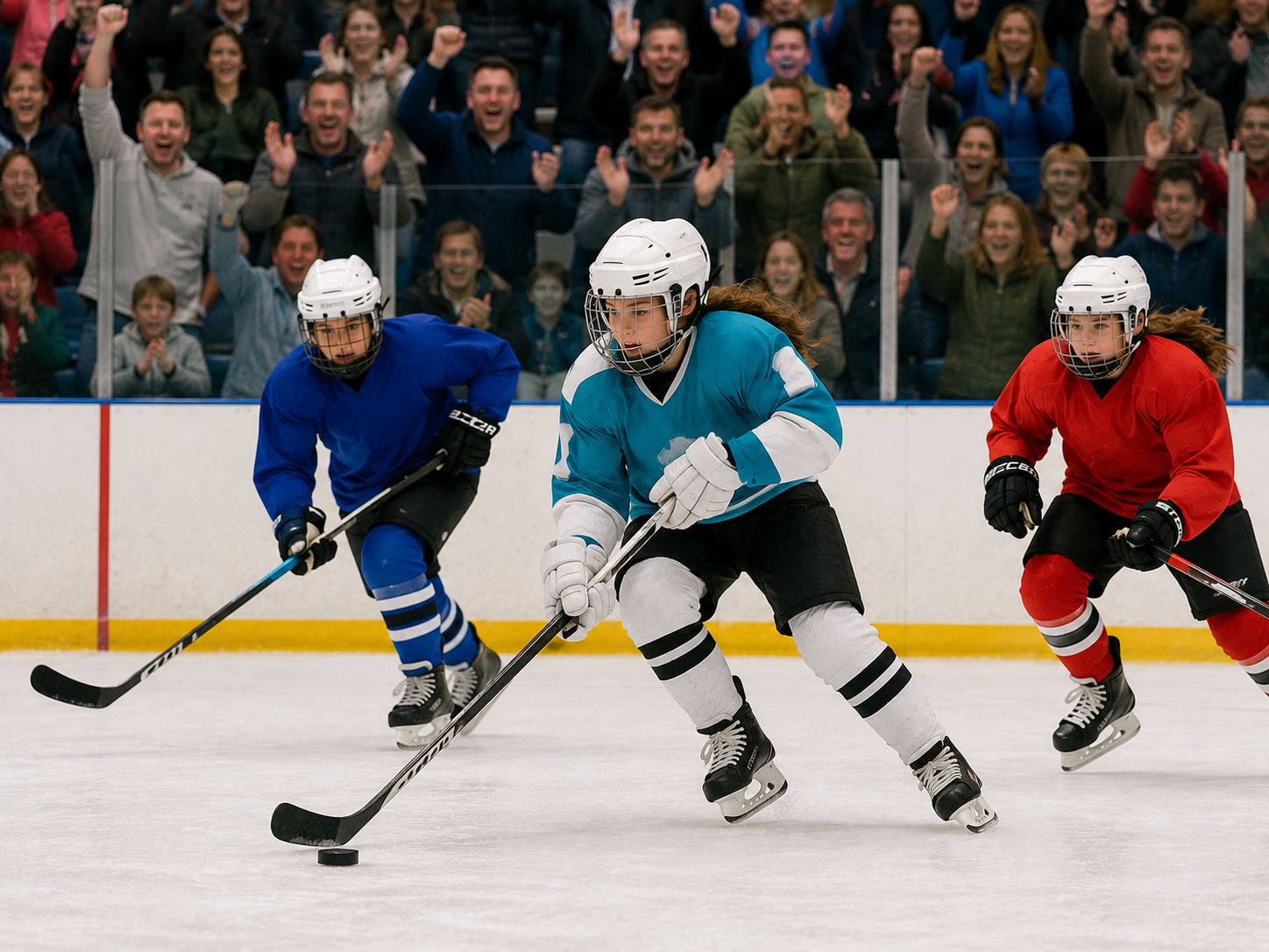 An ice hockey match. A girl player in a helmet, a turquoise and white jersey, black shorts, white gloves, white and black socks and ice skates is skating with the puck on her stick. An opposing player in blue is beside her, a girl in red is on the right, and the crowd behind the boards is cheering with their arms up.