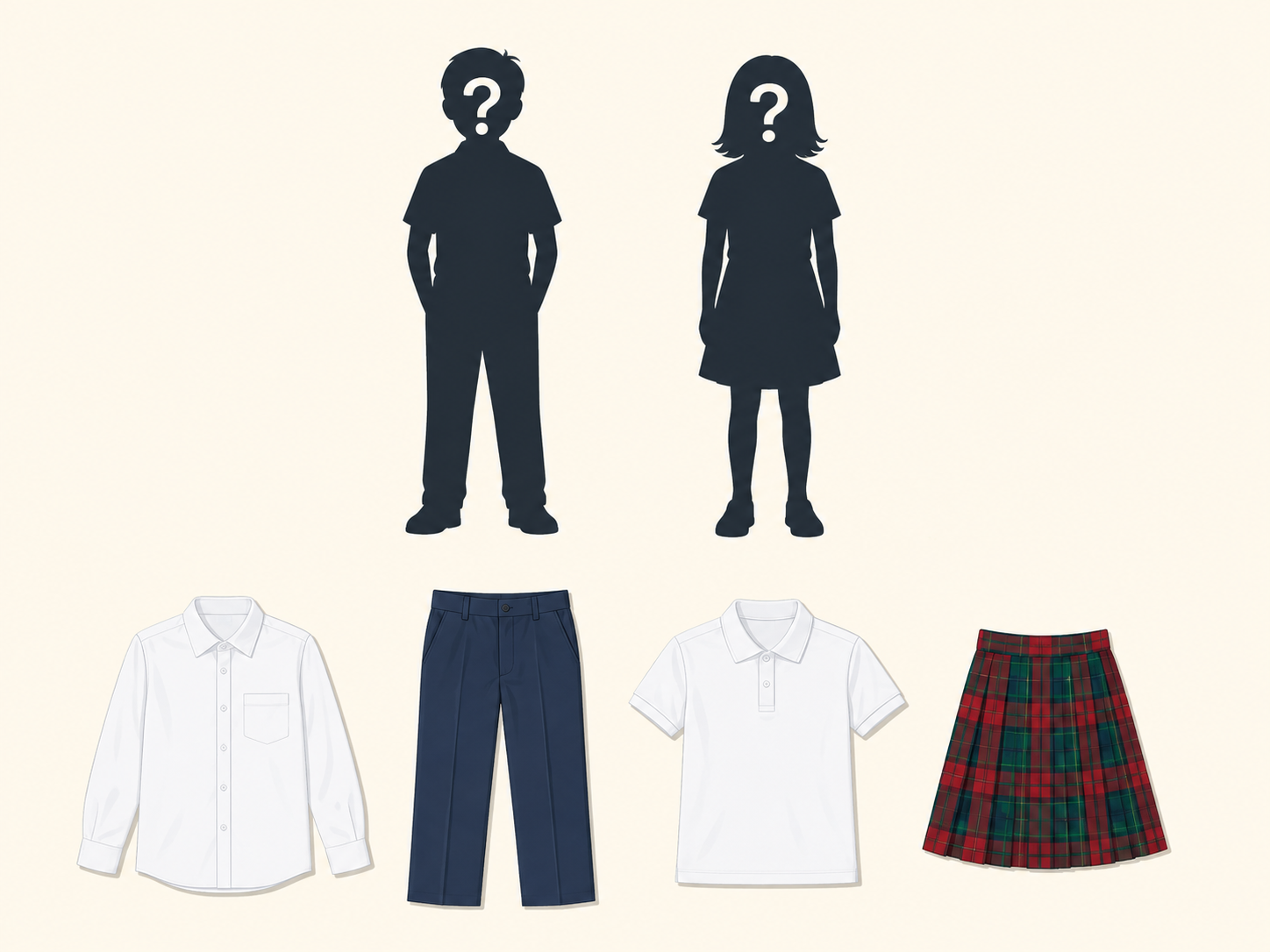 Two silhouetted pupils with question marks where their faces would be, and four garments laid out below them: a white shirt, navy trousers, a white polo shirt and a tartan skirt.