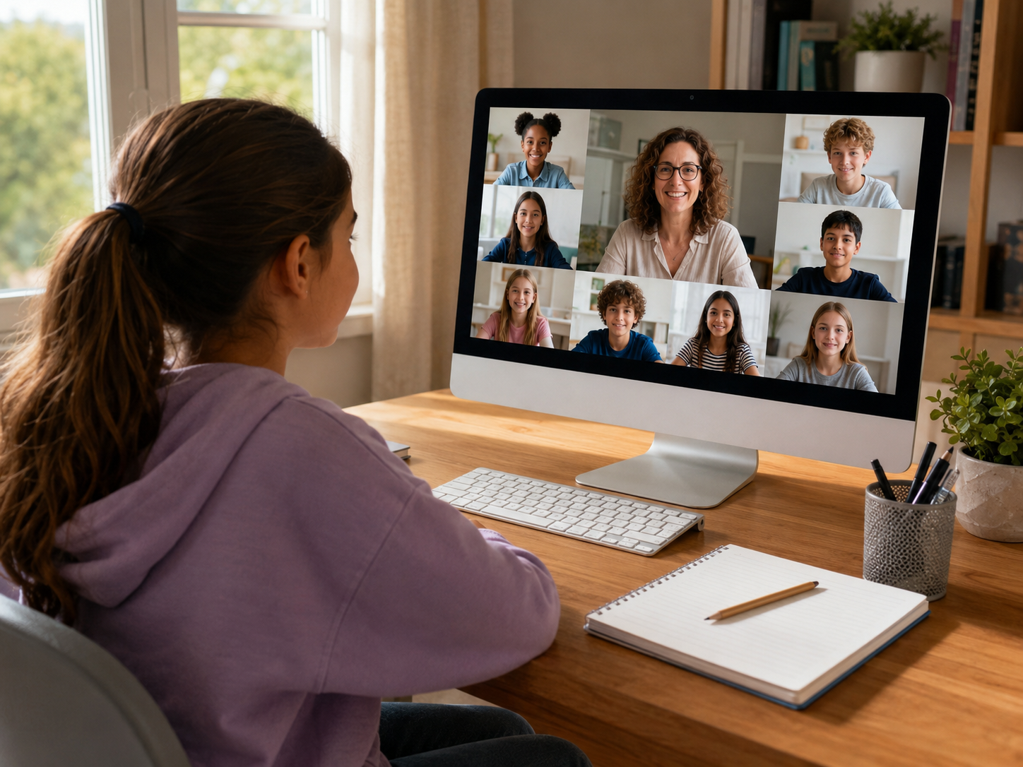 A girl sitting at a desk at home in front of a desktop computer, with a grid of other pupils and a teacher visible in small windows on the screen.