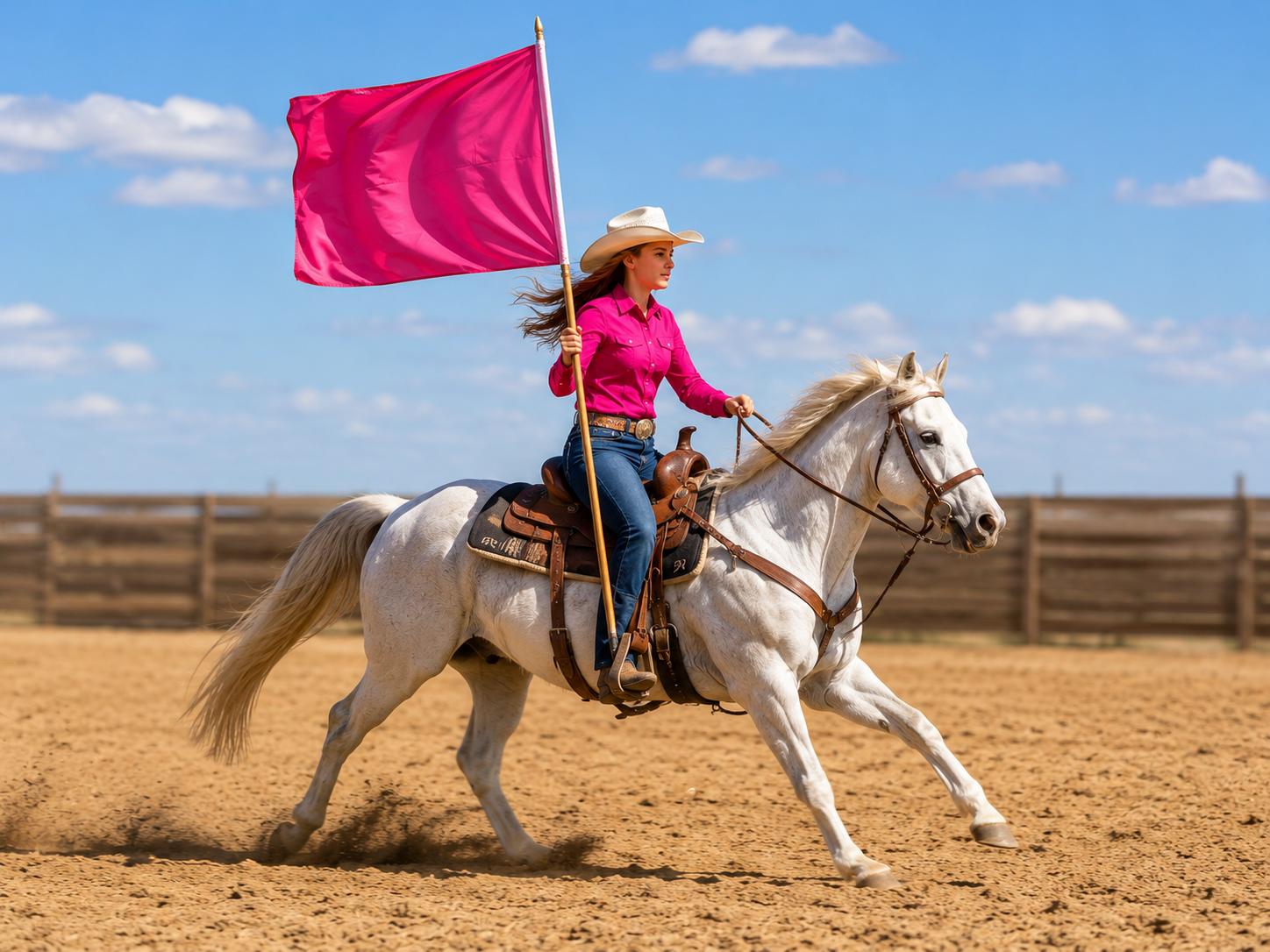 A girl in a pink western shirt and a cowboy hat riding a white horse across sand, holding a flag.