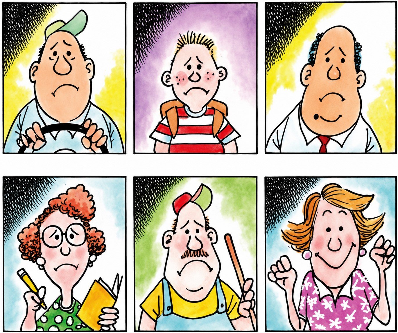 Six cartoon faces on the first day of school