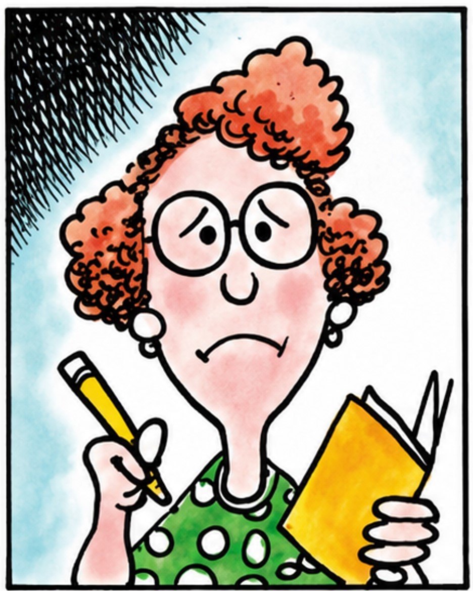 Woman with glasses holding a pencil and a markbook