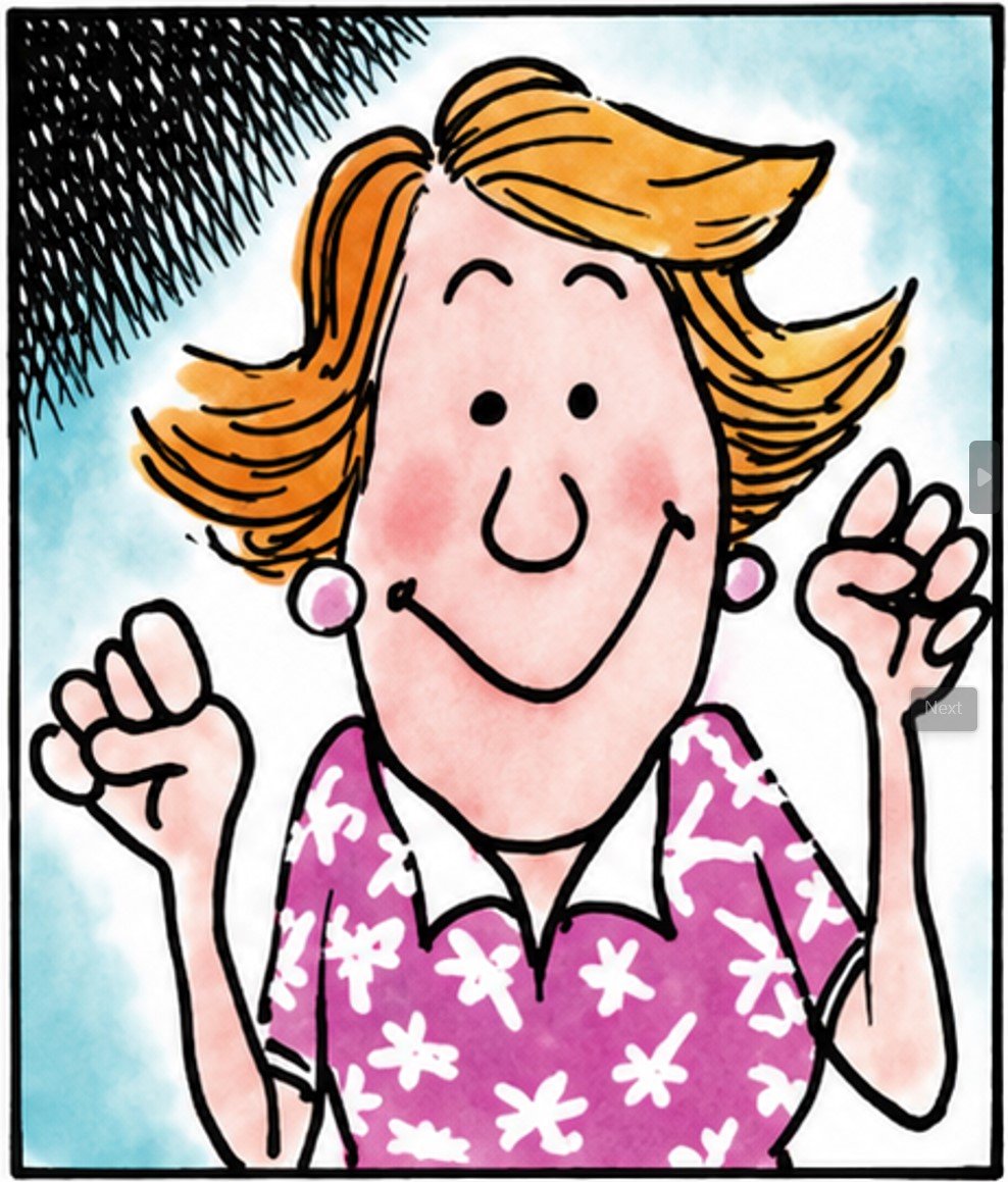 Smiling woman waving both hands