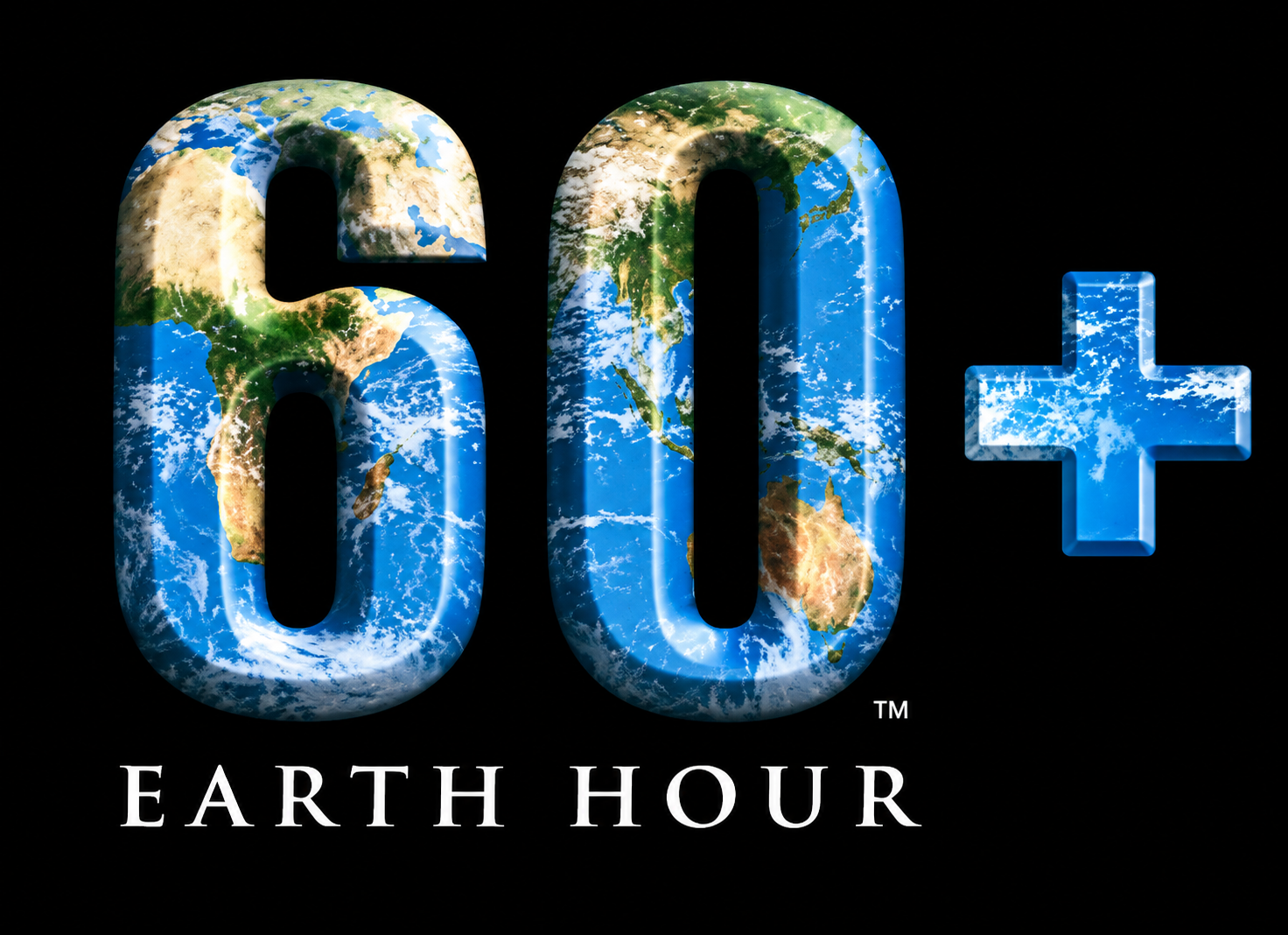 The Earth Hour logo: two large figures and a plus sign, coloured with a photograph of the planet, above the words EARTH HOUR.