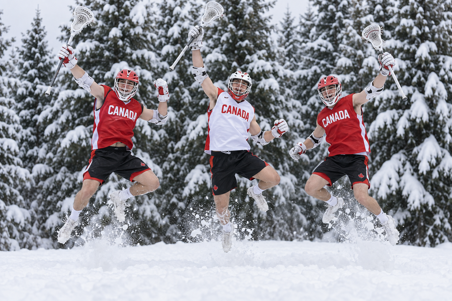 Three young players in Canada shirts jumping in the snow, in front of a line of snowy conifers. They are holding lacrosse sticks.