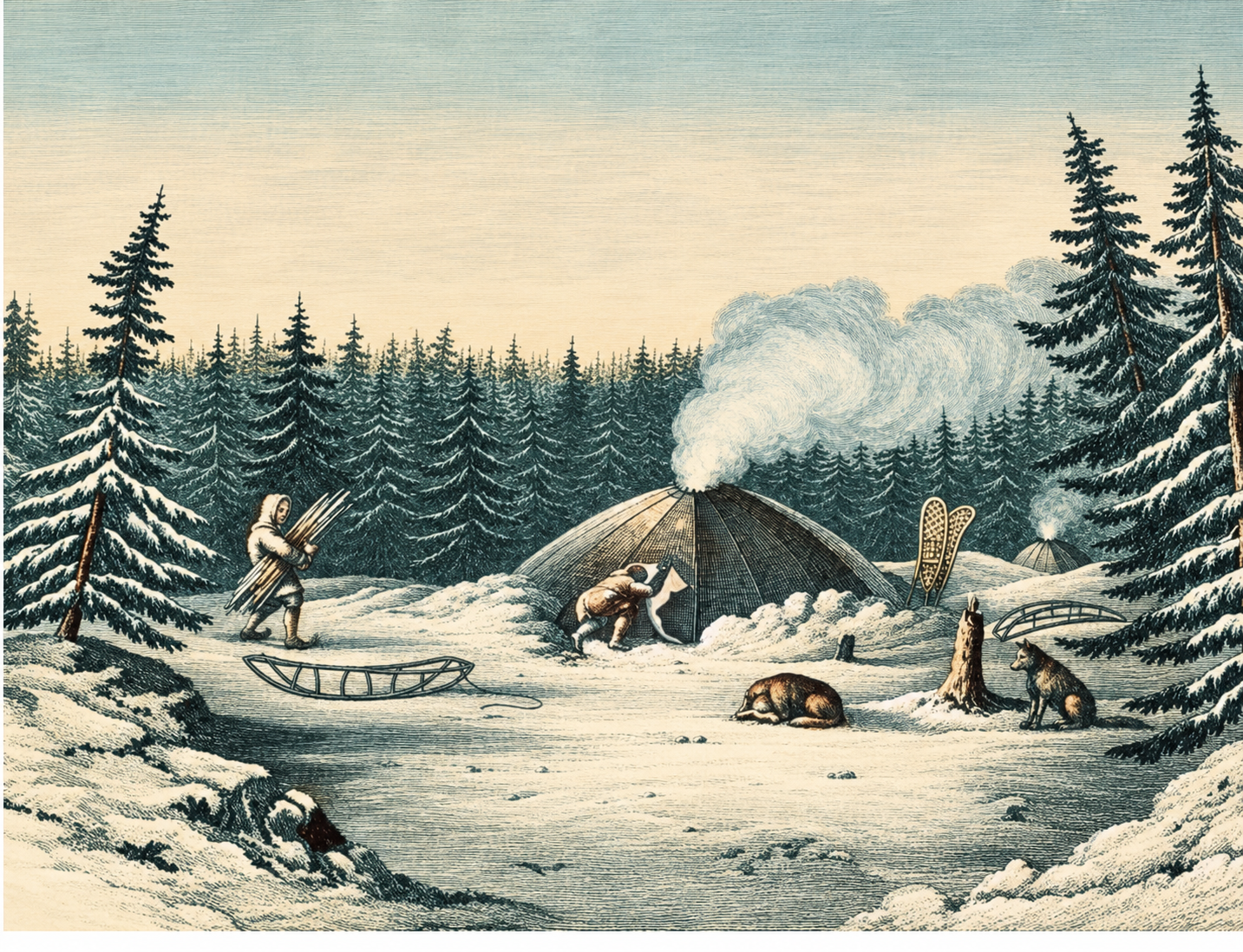 An old coloured engraving of a winter camp in the Canadian woods.
