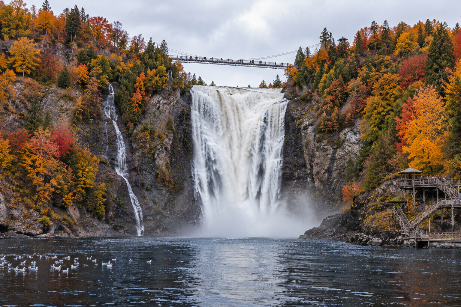 A large waterfall between two rocky hills covered in trees, with a suspension bridge above it and birds on the water below.