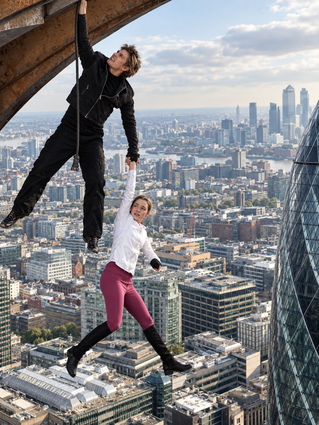 Two people hanging in mid-air high above a city