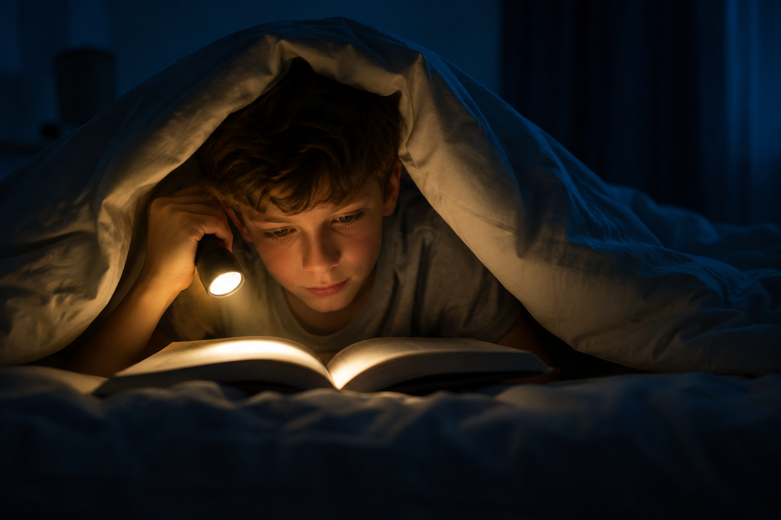 A boy reading a book under his duvet with a torch