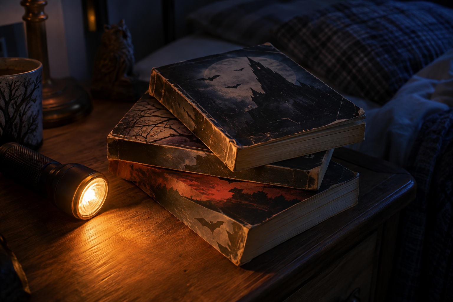 A pile of scary books and a torch on a bedside table